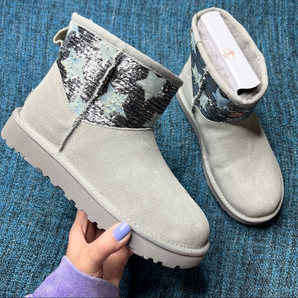 UGG Classic Mini Sequin Star Boots in Gray Women's Size 6 Ankle Booties Slip On